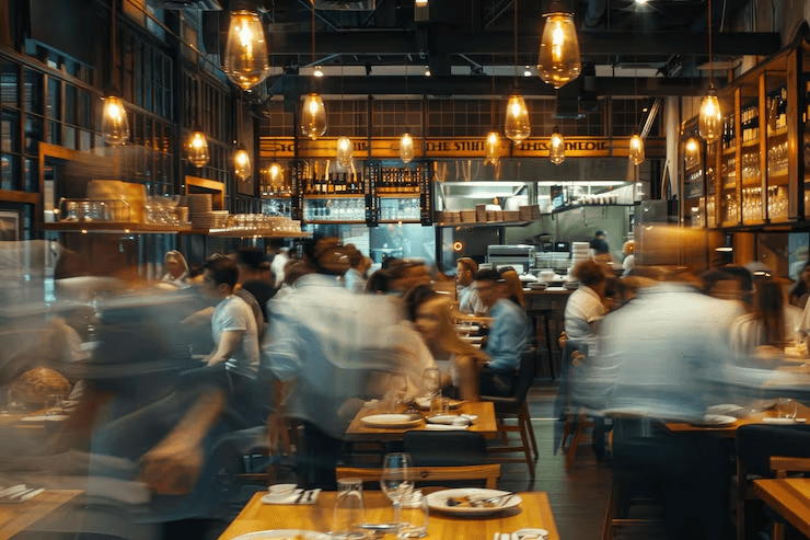 A busy restaurant dining room during service