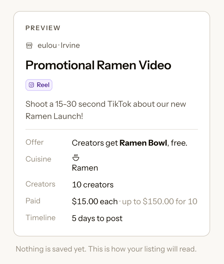 Preview of a promotional ramen video gig listing