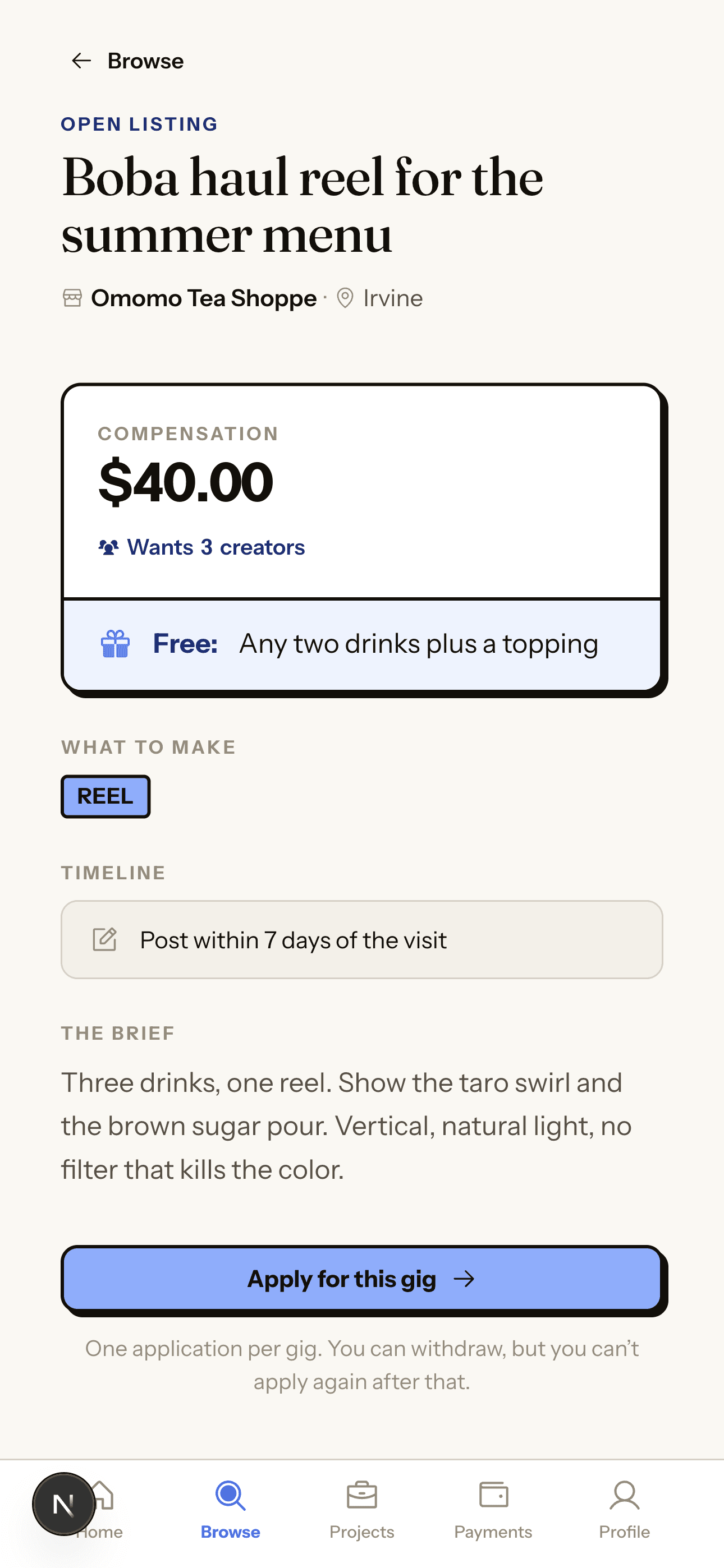 A gig listing with the one-tap apply button in the creator app